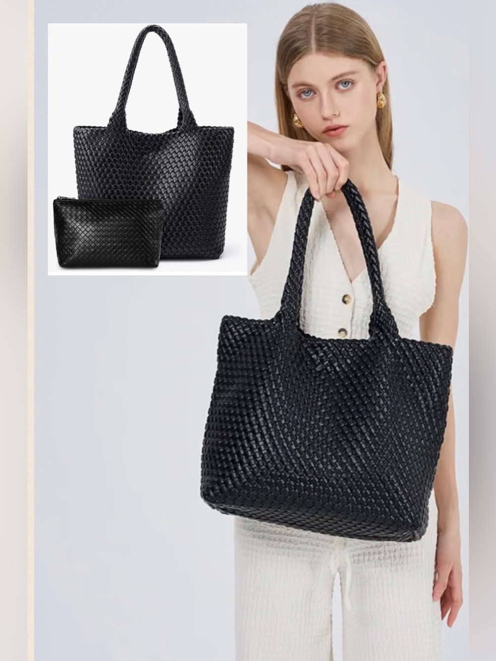 Love Milaner Elena / The Sak but vegan? Black woven faux leather tote+clutch set